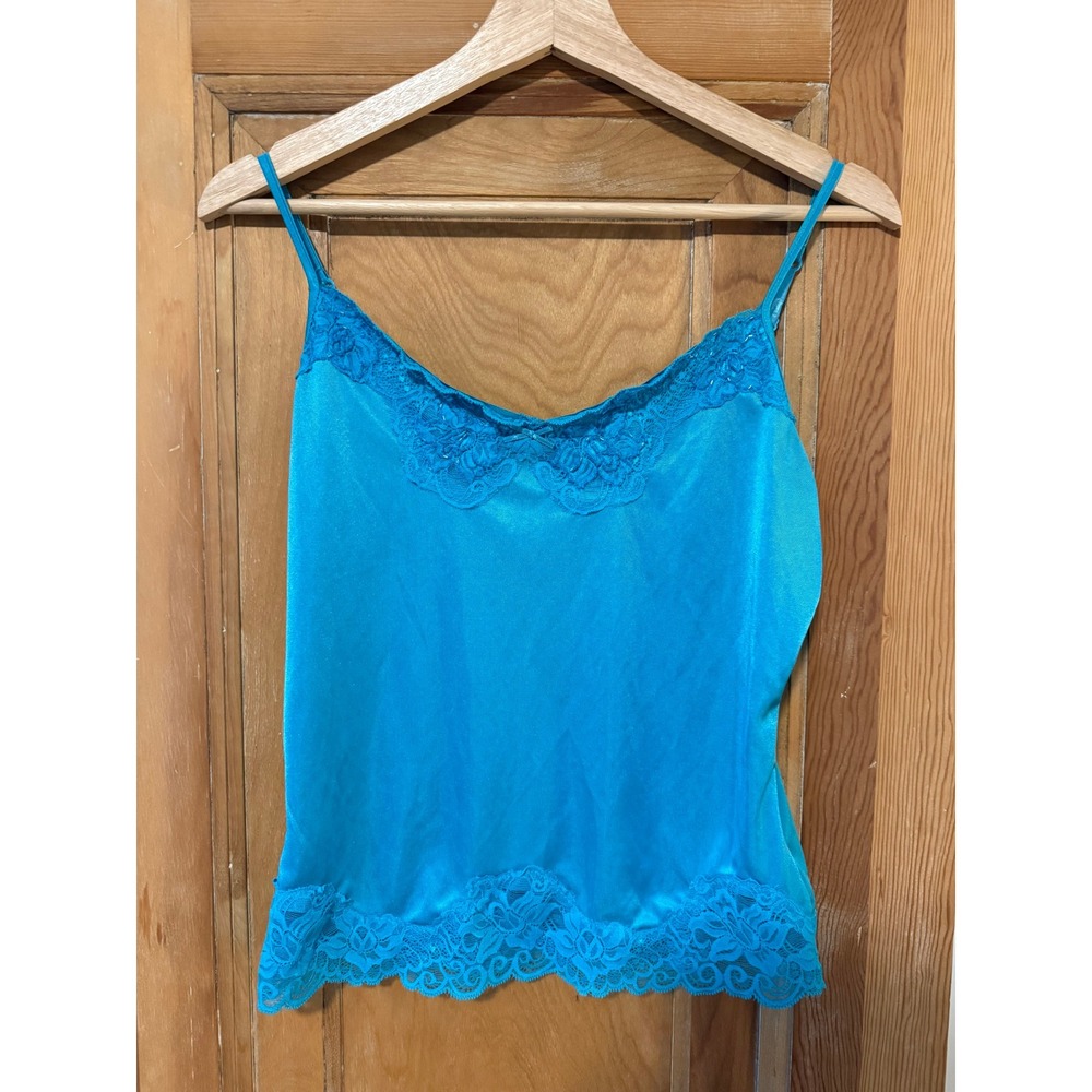 Worthington Turquoise Blue Lace Trim Camisole Top Y2K Beaded Satin Cami Medium